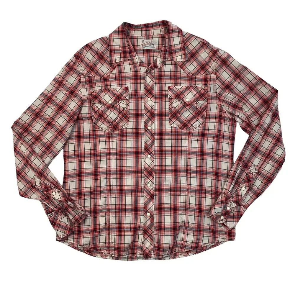 True Religion Western Shirt Mens 3XL XXXL Red Navy Plaid Pocket Snap Button Up